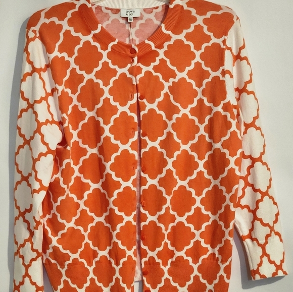 Crown & Ivy Cardigan Button-up Sweater Orange White Pattern XL Long Sleeve - Picture 1 of 10